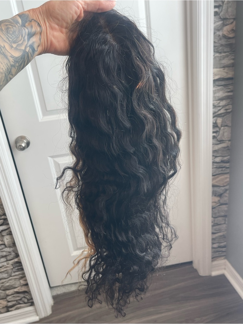 100% Human Hair Lace Front Water Wave Wig 24” Long Dark Brown/Honey NIB